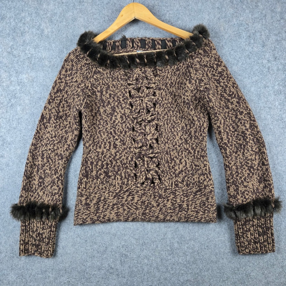 Urchin Sweater Women Small Brown Faux Fur Trim Wool Angora Chunky Knit Boho Y2K